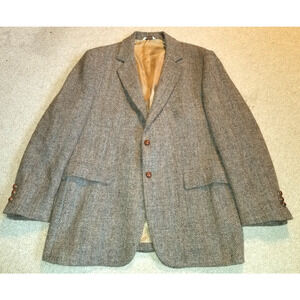 VINTAGE Mens Blazer-HARRIS TWEED-brown herringbone Scottish wool 2-button-44R